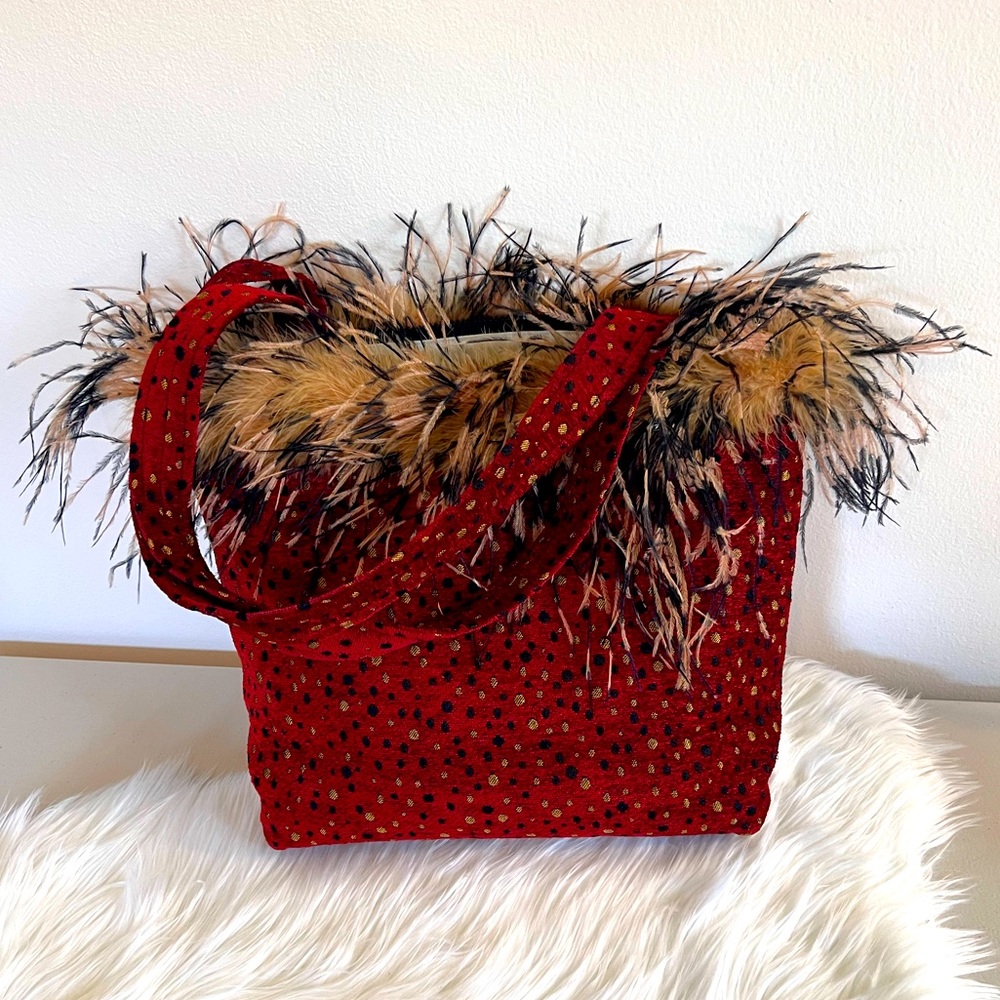 Unique Upholstery Fabric Shoulder Bag w/ Faux Feather Trim